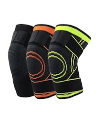 a pair of knee pads in black, orange and yellow